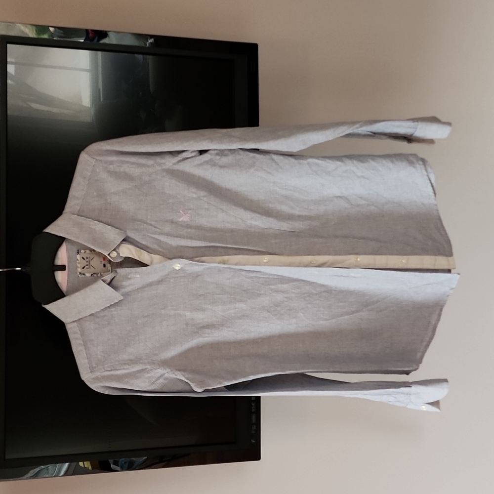 Ladies Crew Clothing fitted linen blouse in UK 10 / US 6. Blue/white pinstripe.